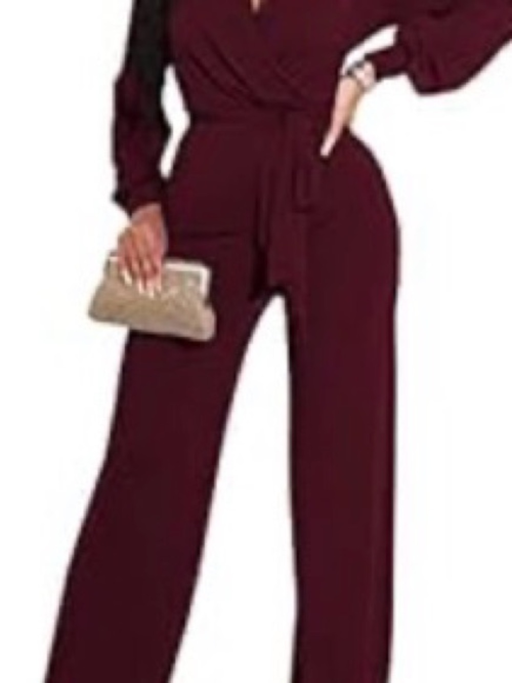 Women's V-Neck Long Sleeve Wide-Leg Jumpsuit - Burgundy